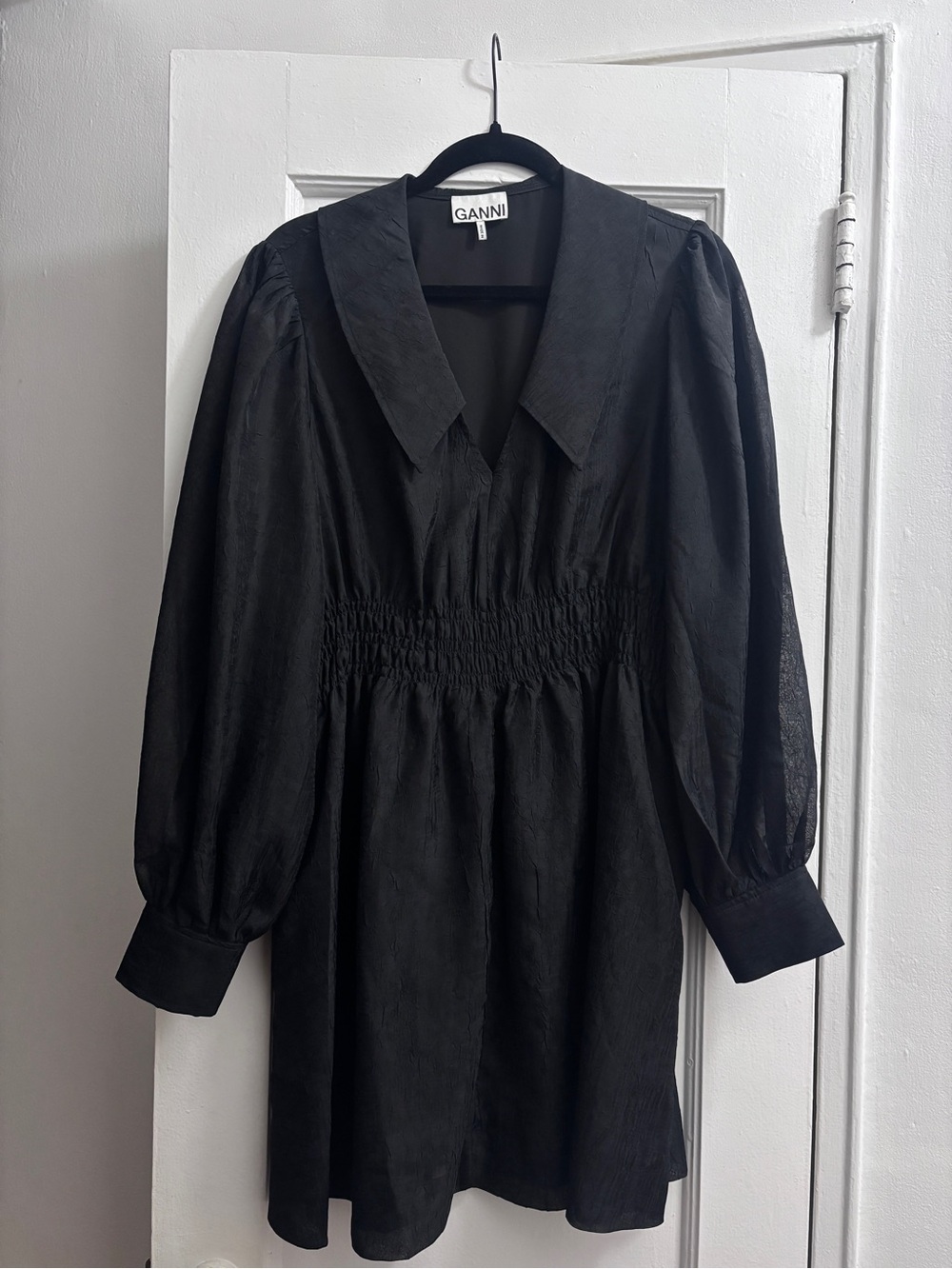 Ganni Black V-Neck Smocked Waist Long Sleeve Mini Dress